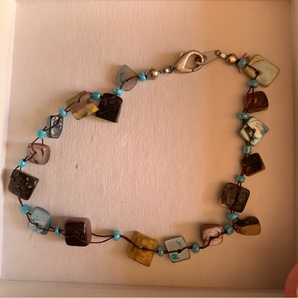 Turquoise and brown  multi color square stones on thick thread bracelet